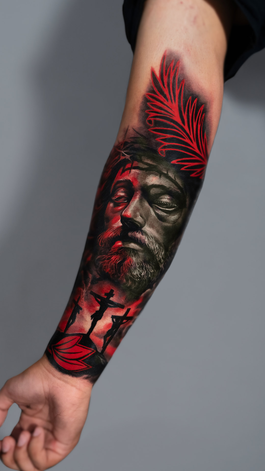 Black-and-gray warrior portrait forearm tattoo by Tony Vilella