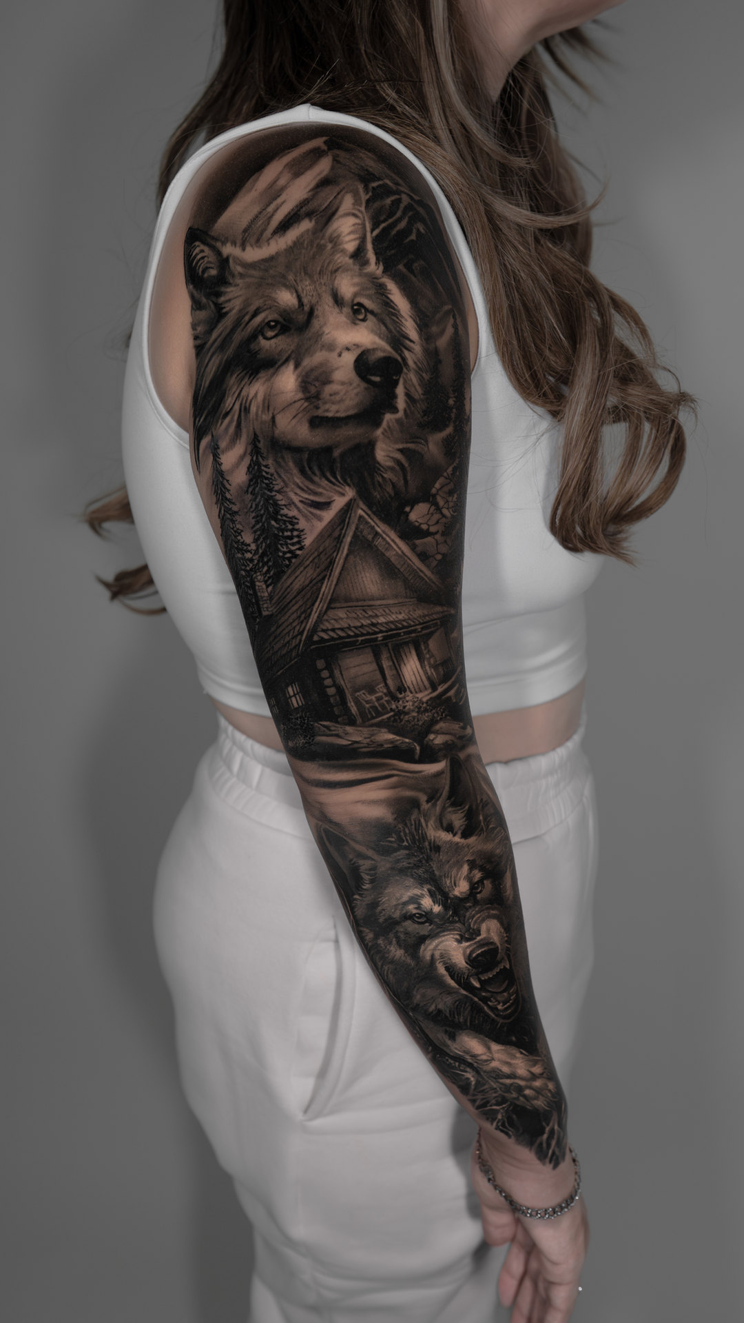Black-and-gray classical woman portrait sleeve by Tony Vilella