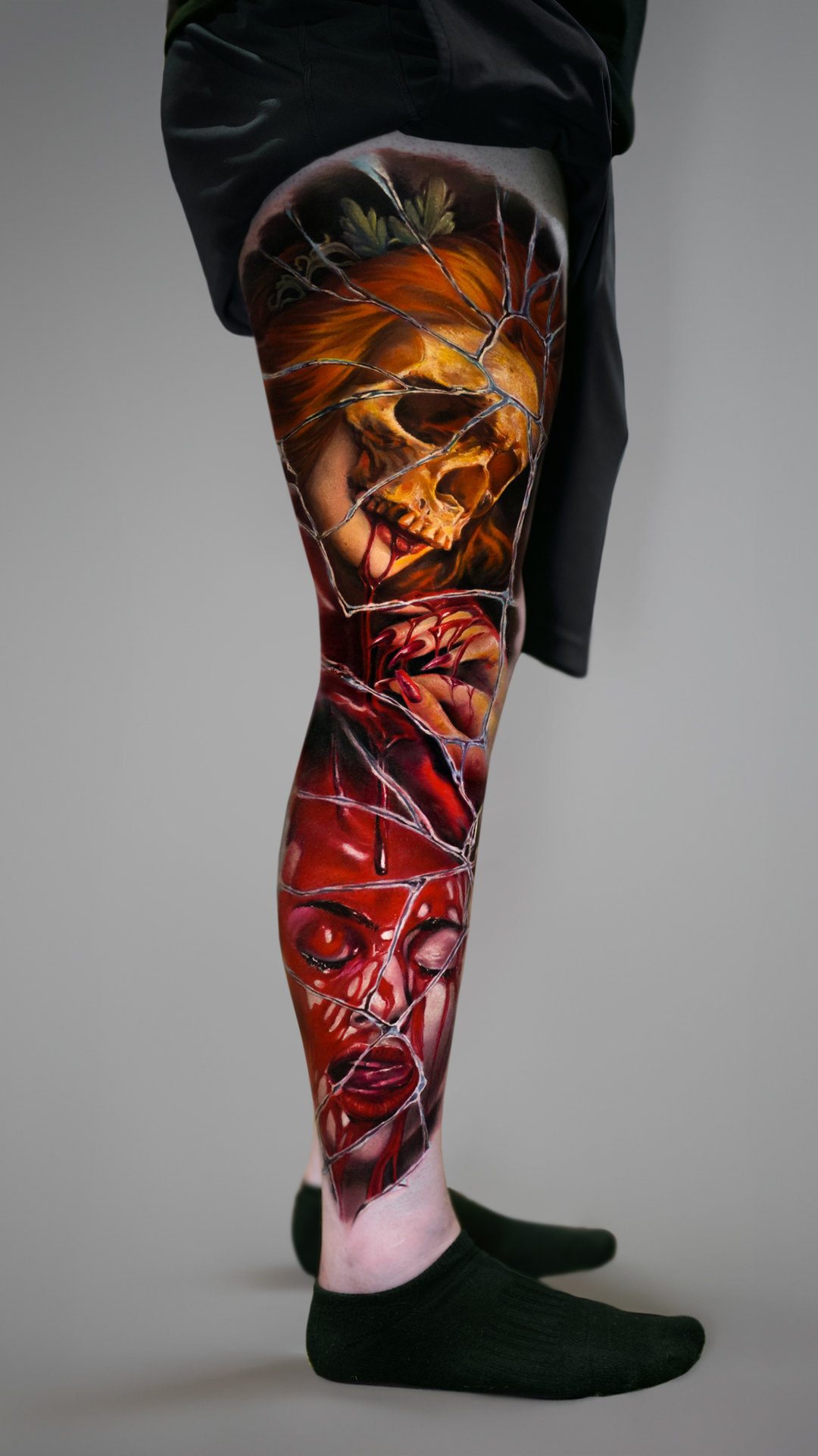 Geometric color realism calf tattoo by Tony Vilella