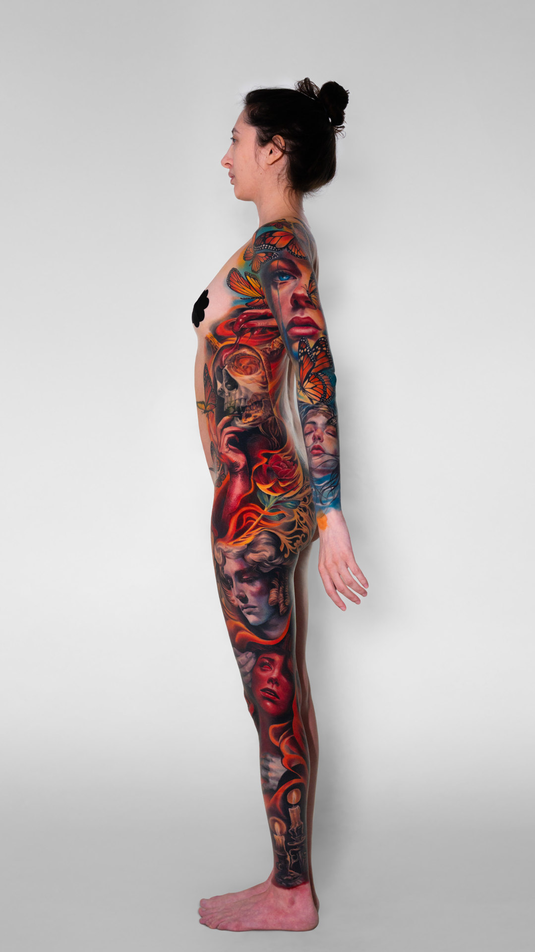 Full-leg color realism tattoo composition by Tony Vilella