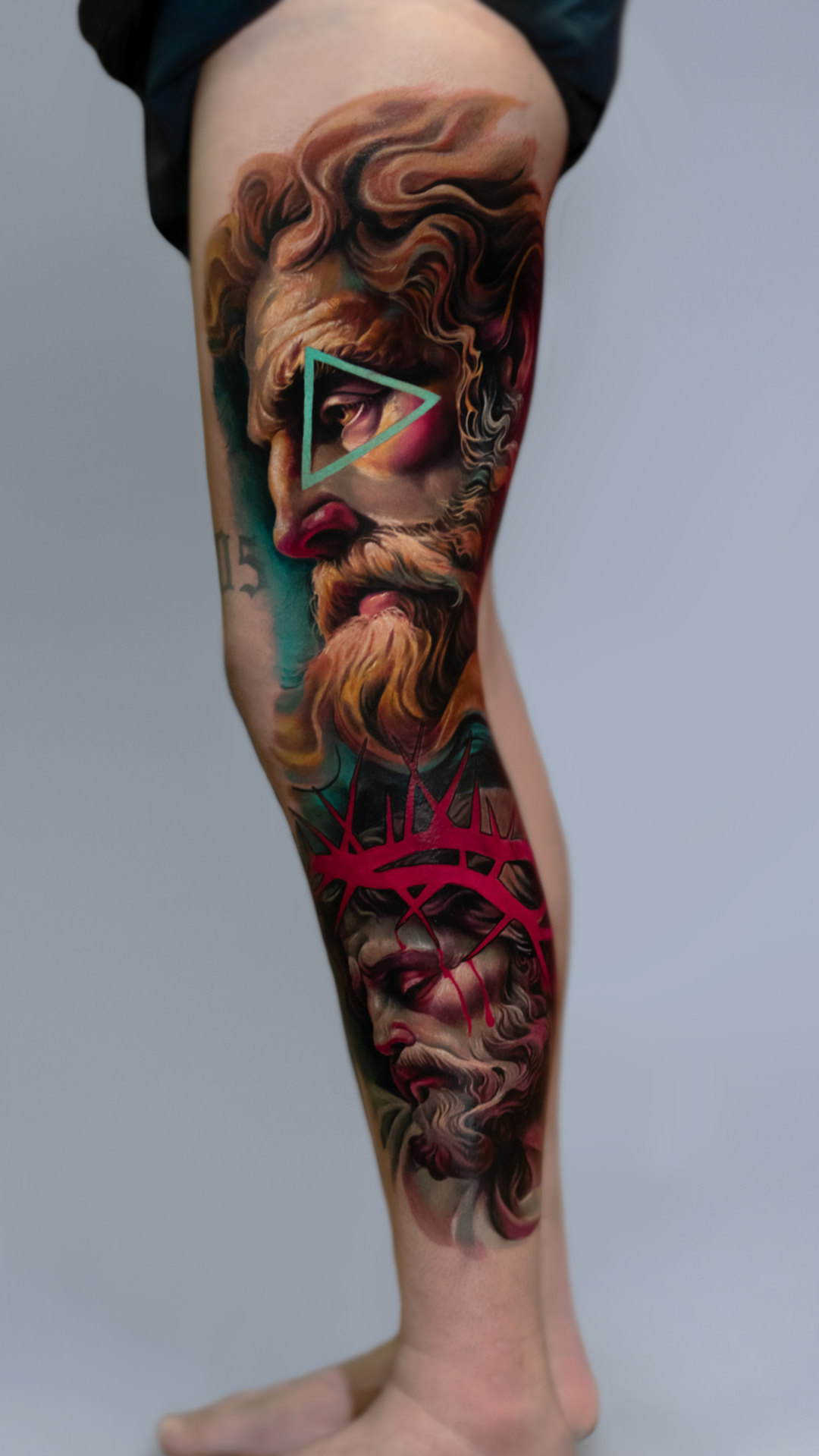 Color fine-art portrait calf tattoo by Tony Vilella