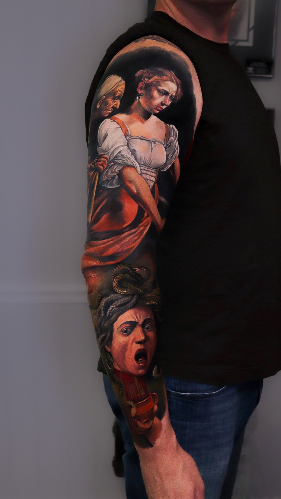 Narrative color portrait tattoo by Tony Vilella