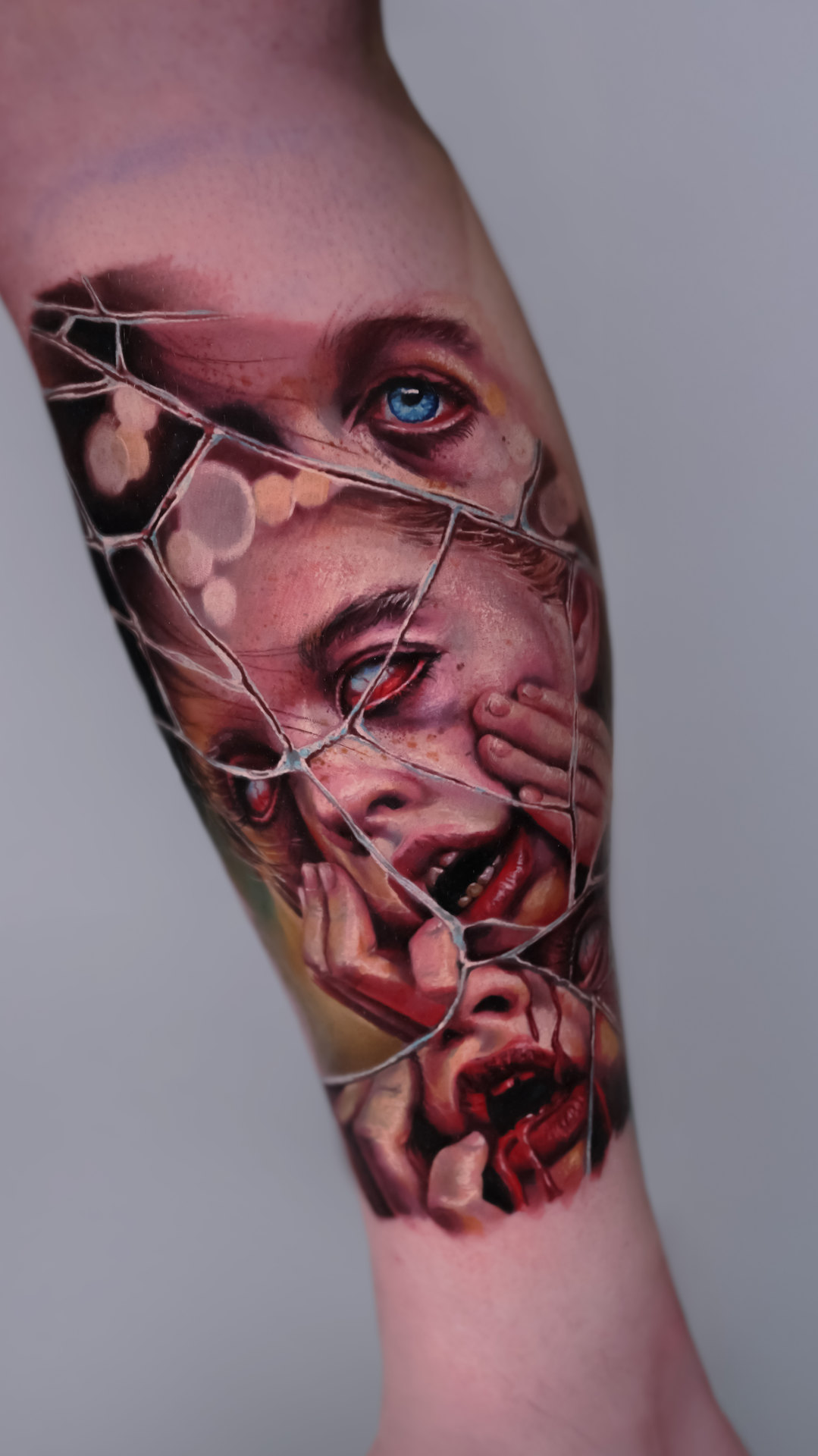 Surreal color realism woman portrait thigh tattoo by Tony Vilella